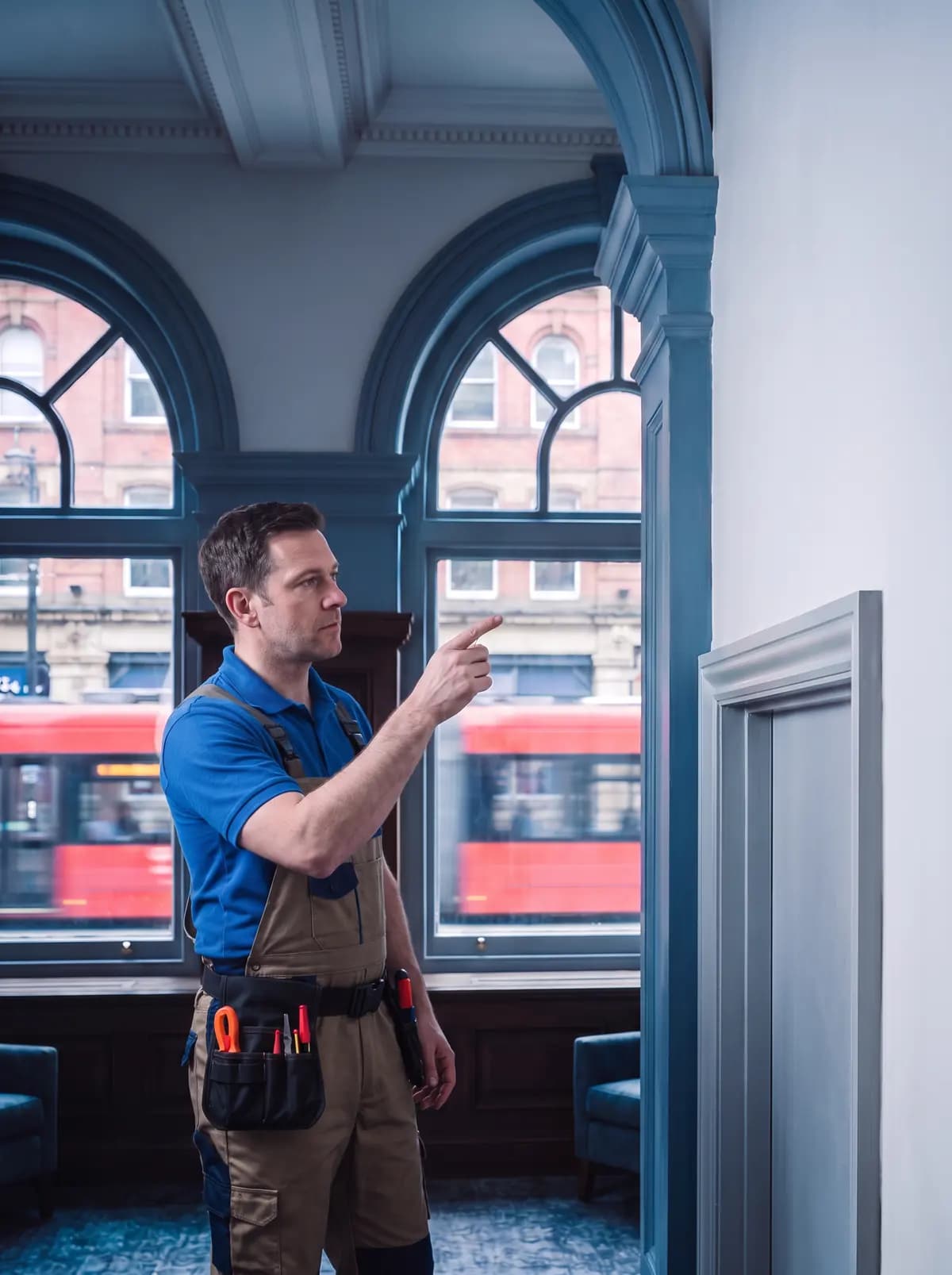 Engineer pointing towards the windows while checking entry points