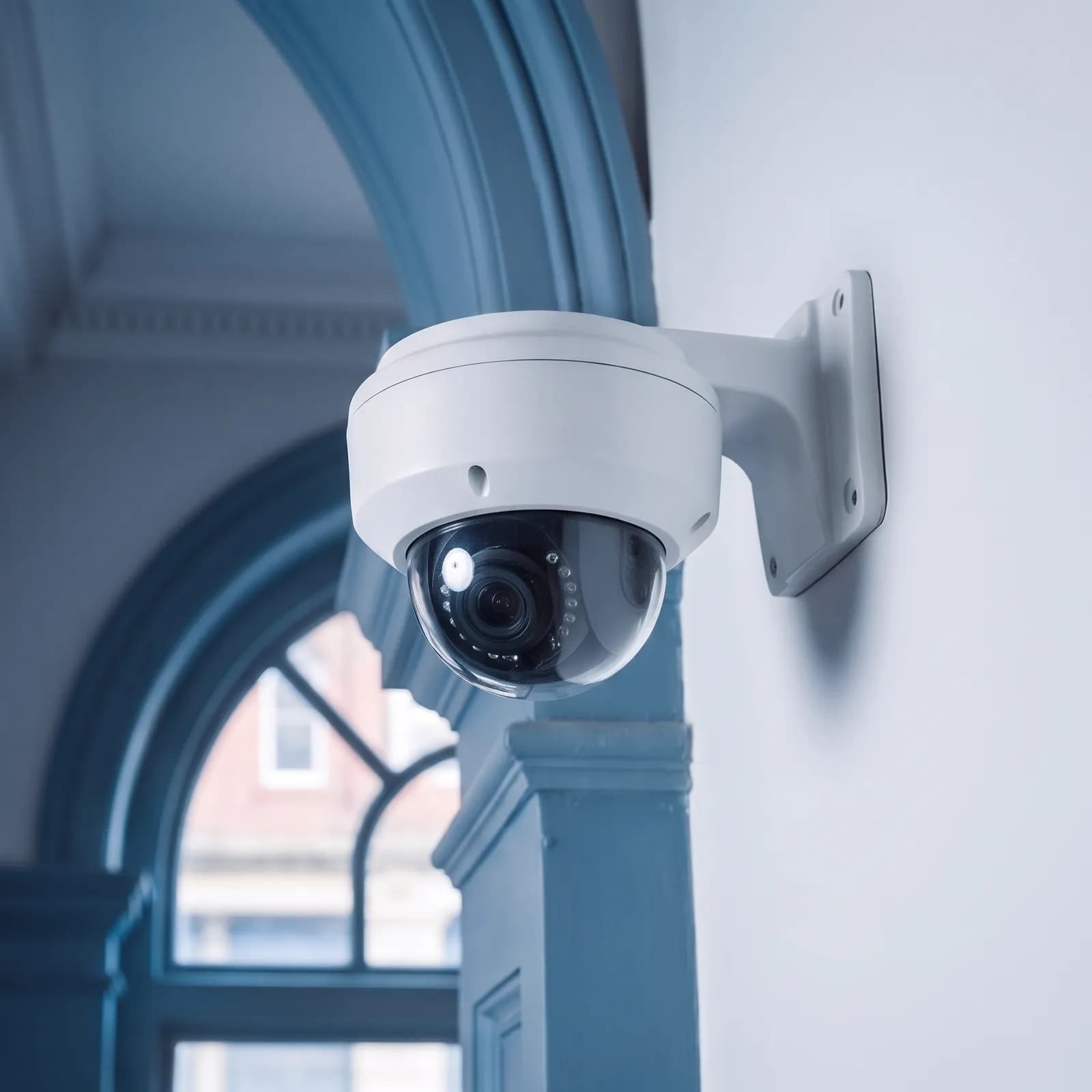 Dome CCTV camera mounted on a wall beside an arched window