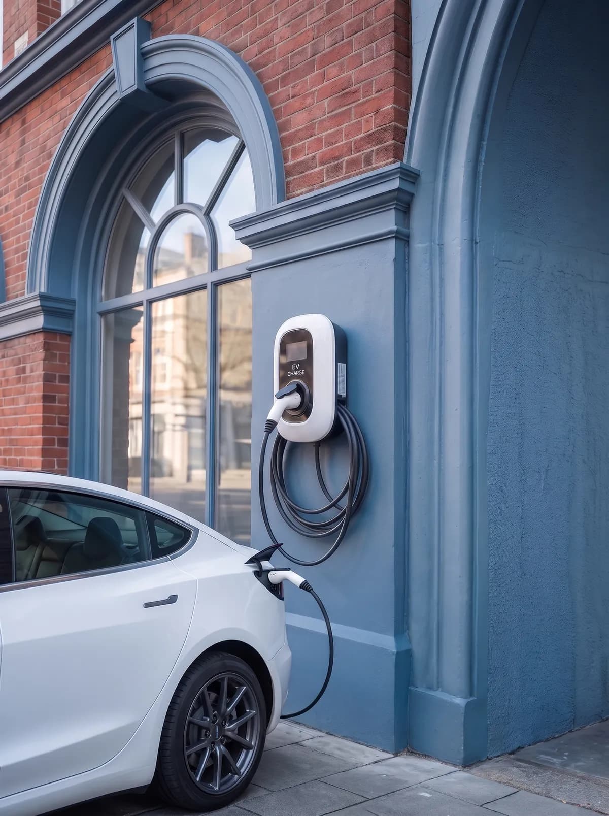 White car parked beside a wall-mounted EV charger
