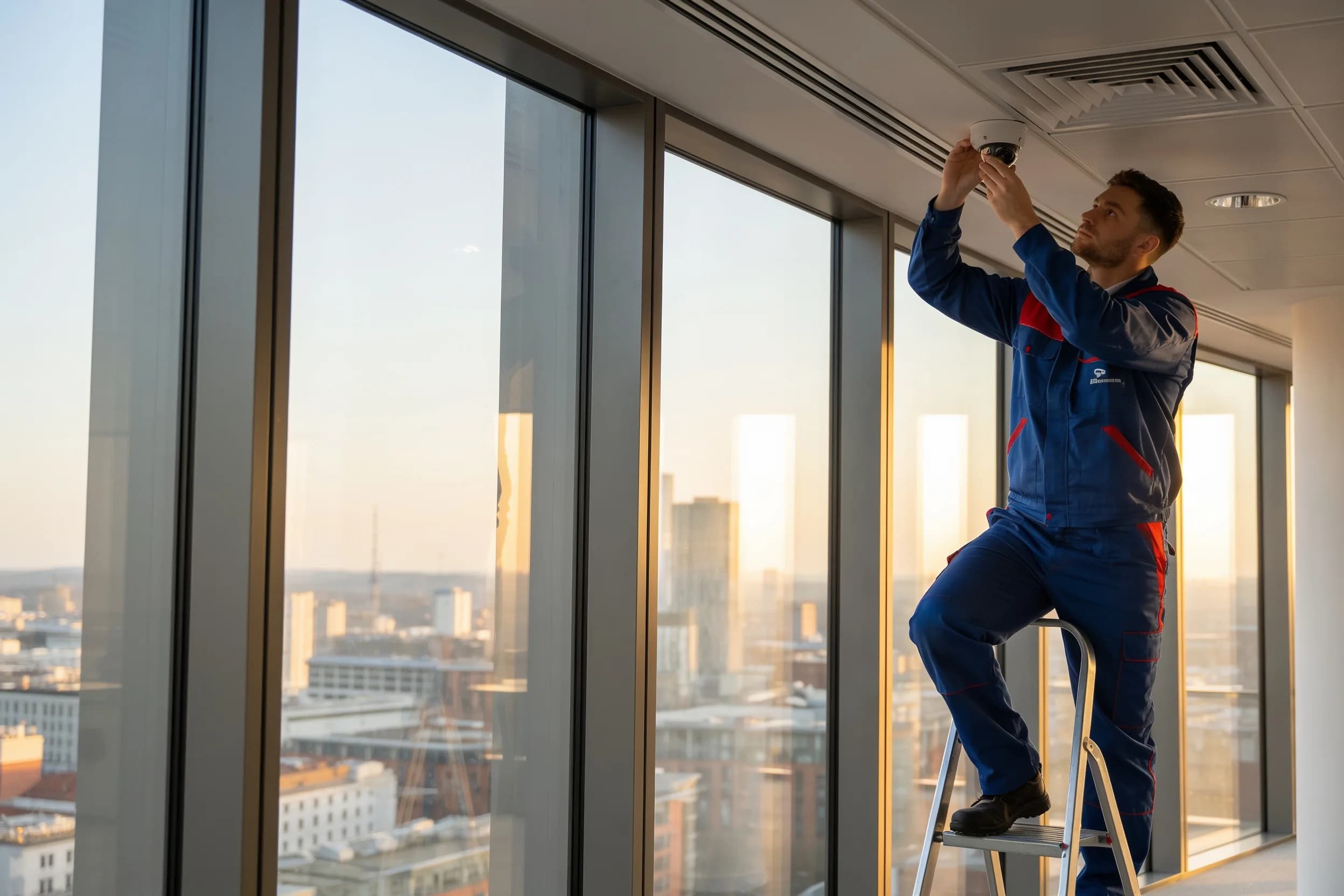 Engineer on a stepladder fitting a dome CCTV camera to the ceiling of a city-centre office