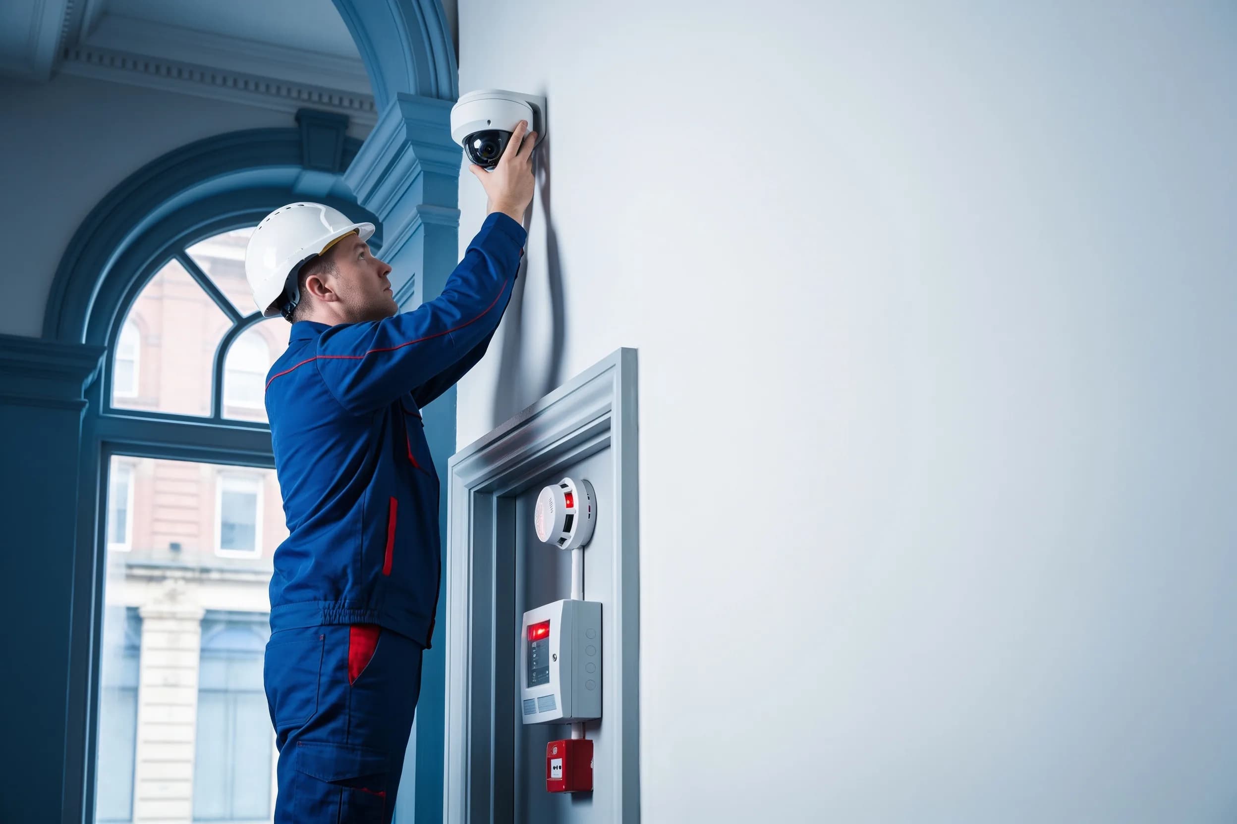 Engineer in a hard hat servicing a dome CCTV camera beside a fire alarm panel and call point