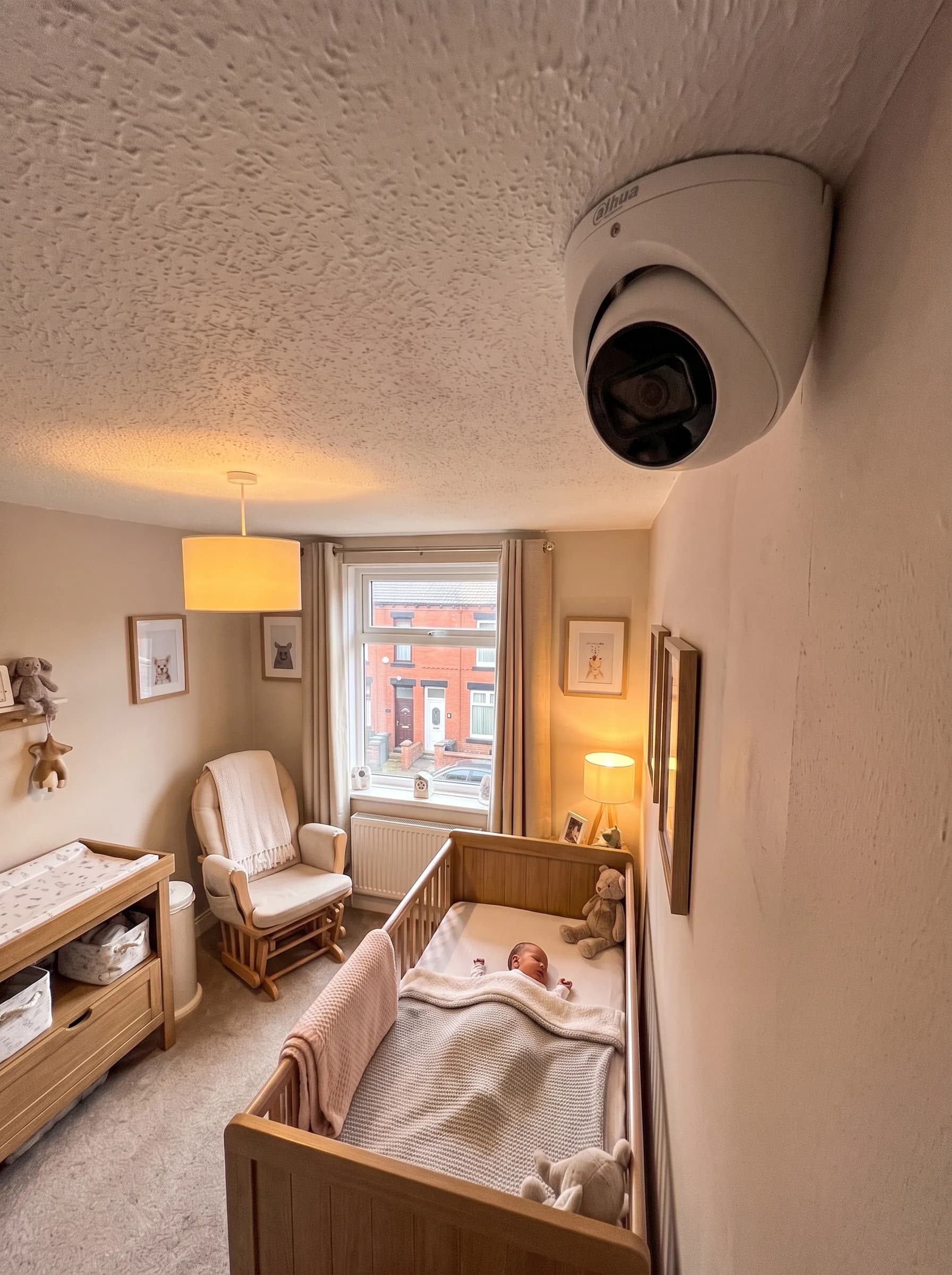 Dome CCTV camera fitted in the corner of a home nursery above a cot