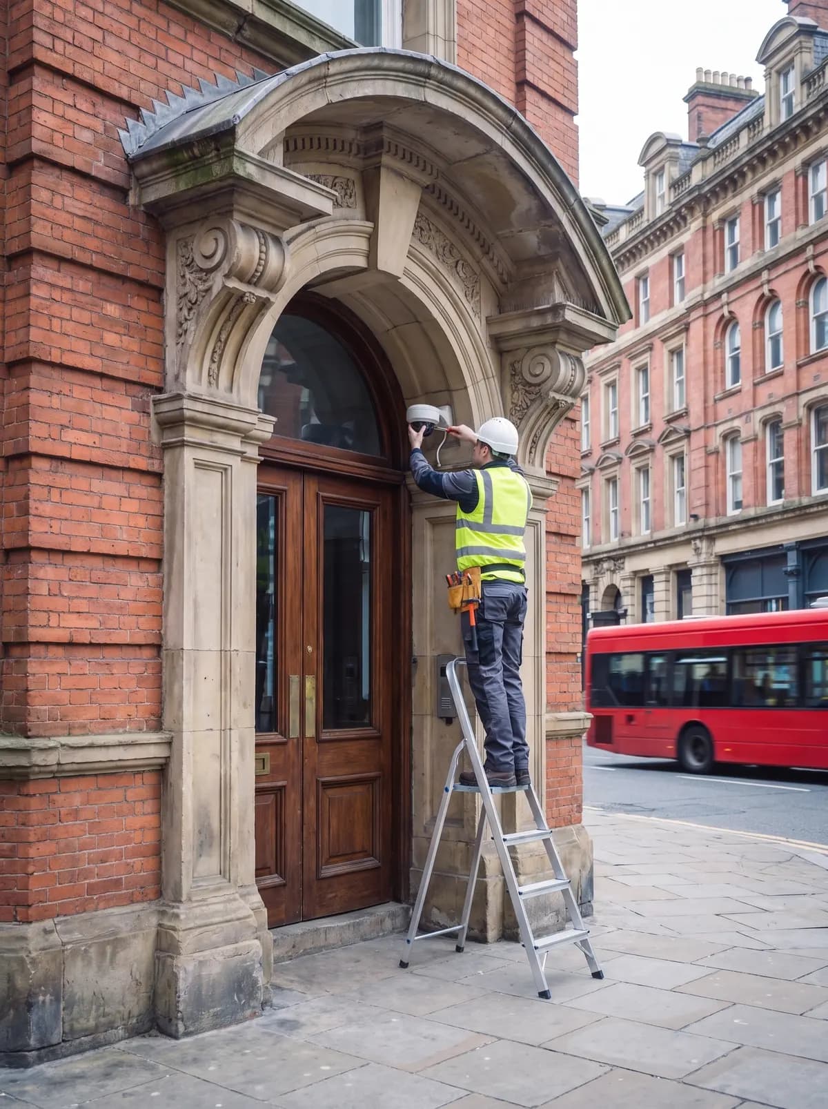 Engineer on a step ladder working above the entrance of a brick building