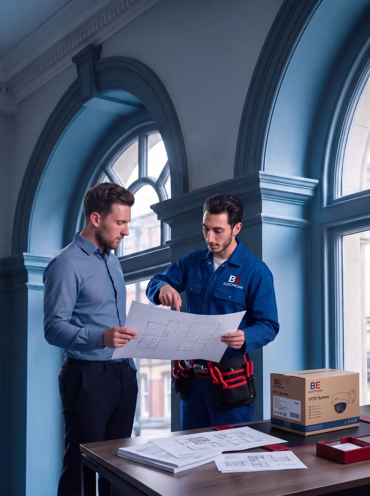 Engineer showing a client a plan beside a desk with paperwork