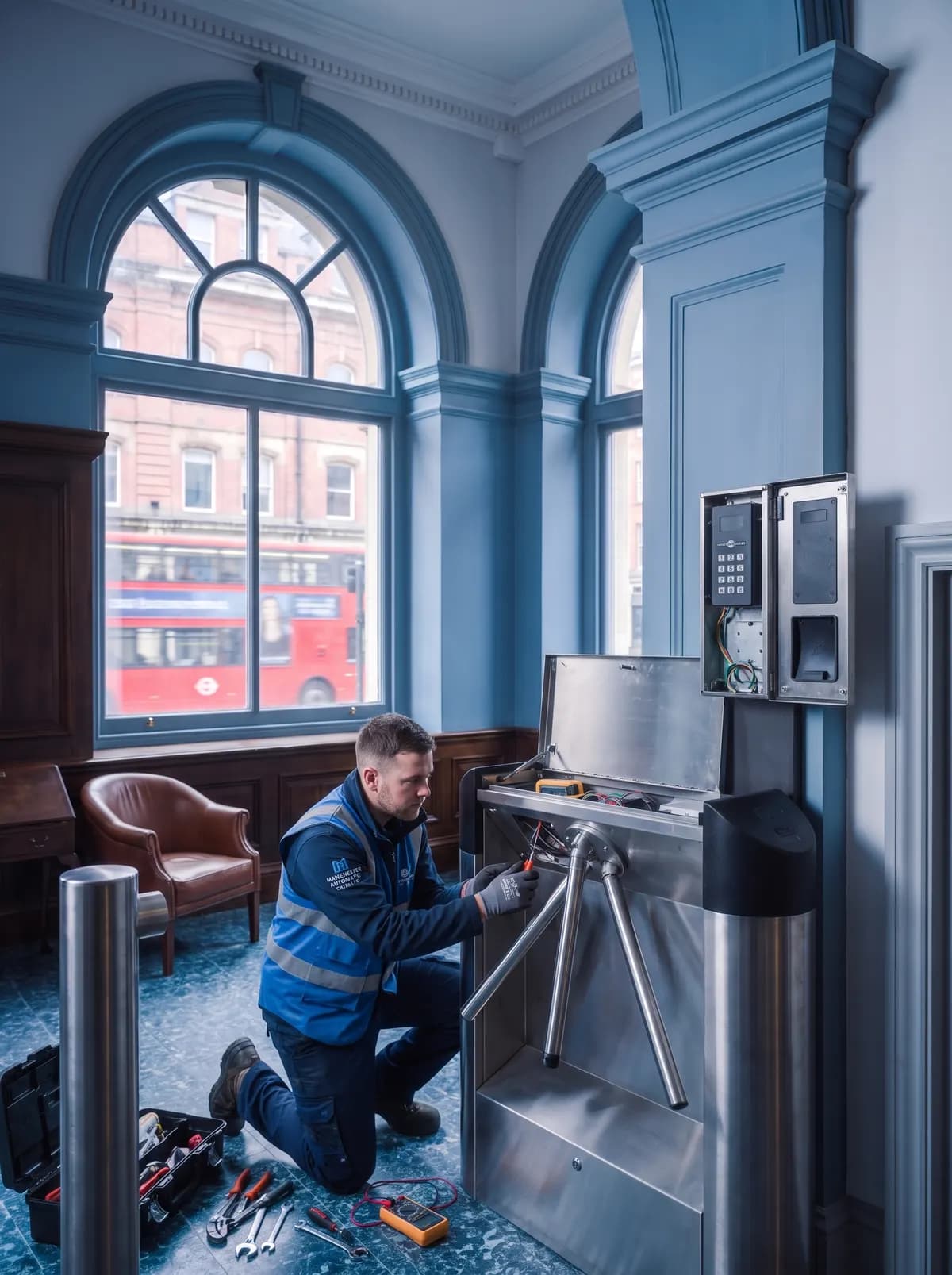 Engineer kneeling to work on a turnstile gate