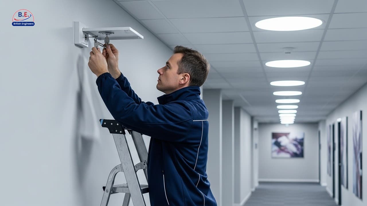 Fire safety engineer testing a ceiling-mounted fire alarm call point during a scheduled commercial service inspection