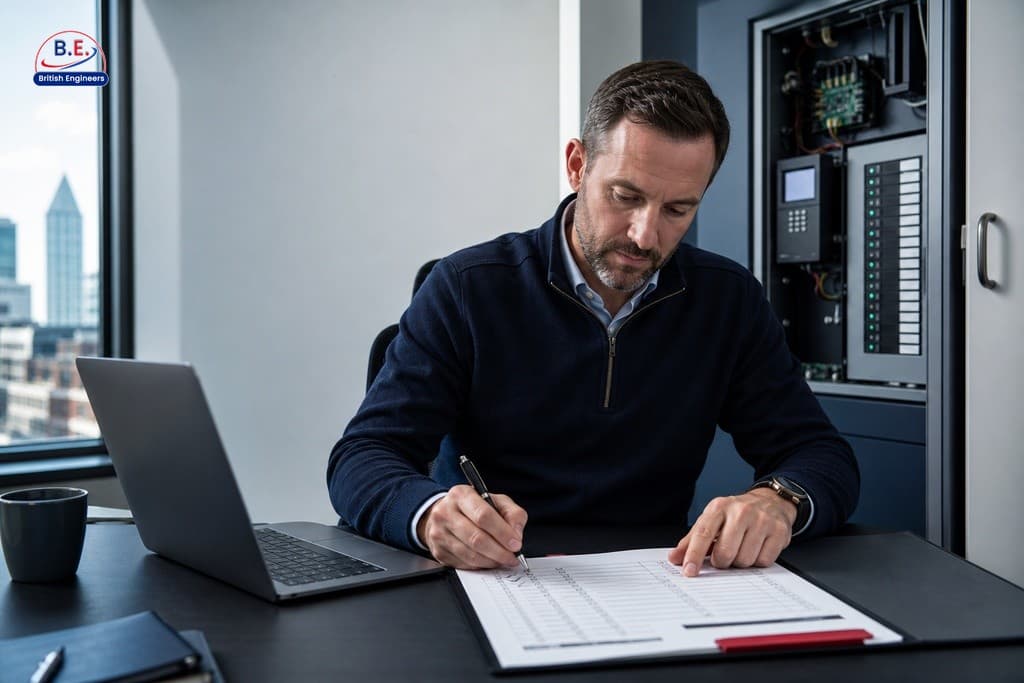 Facilities manager reviewing access control compliance checklist with credential audit documents in a modern office