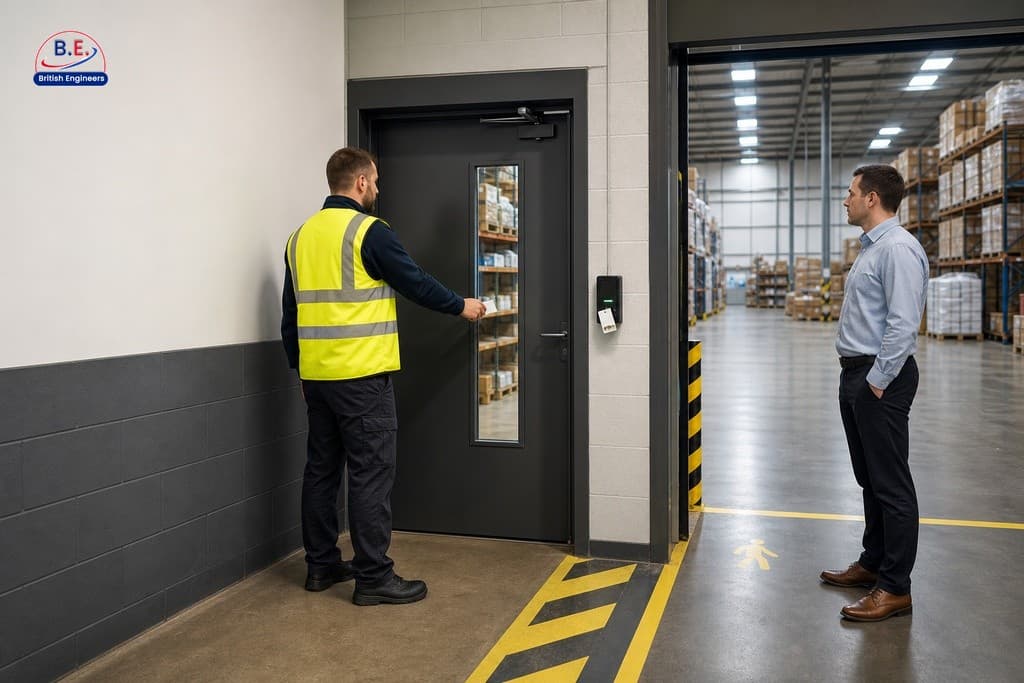 Warehouse worker swiping access card at restricted zone reader showing tiered access control compliance in commercial premises