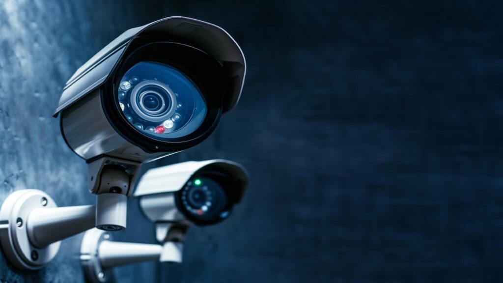 Wall mounted security cameras monitoring an area