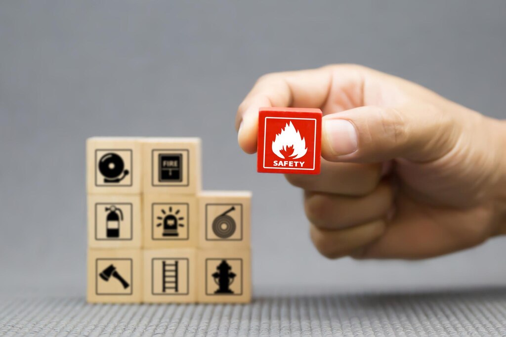Hand choose cube wooden block stack with fire prevent icon