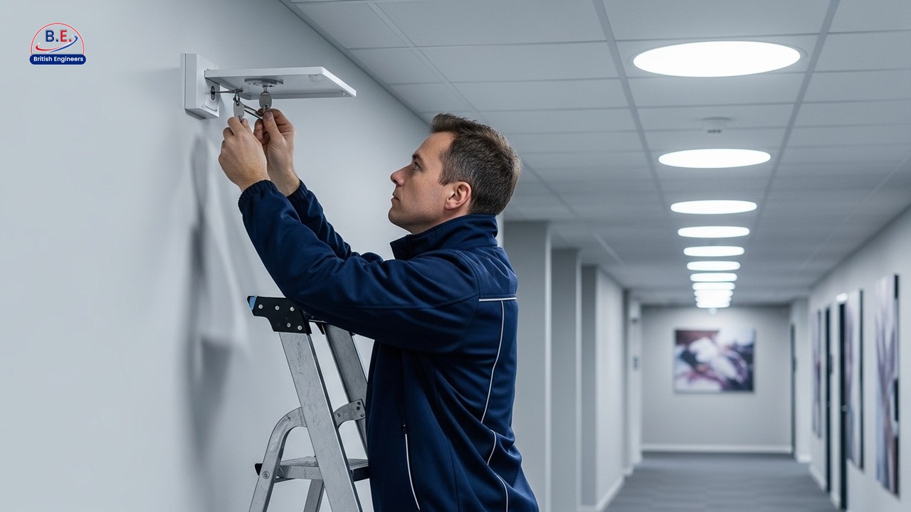 Fire safety engineer testing a ceiling-mounted fire alarm call point during a scheduled commercial service inspection