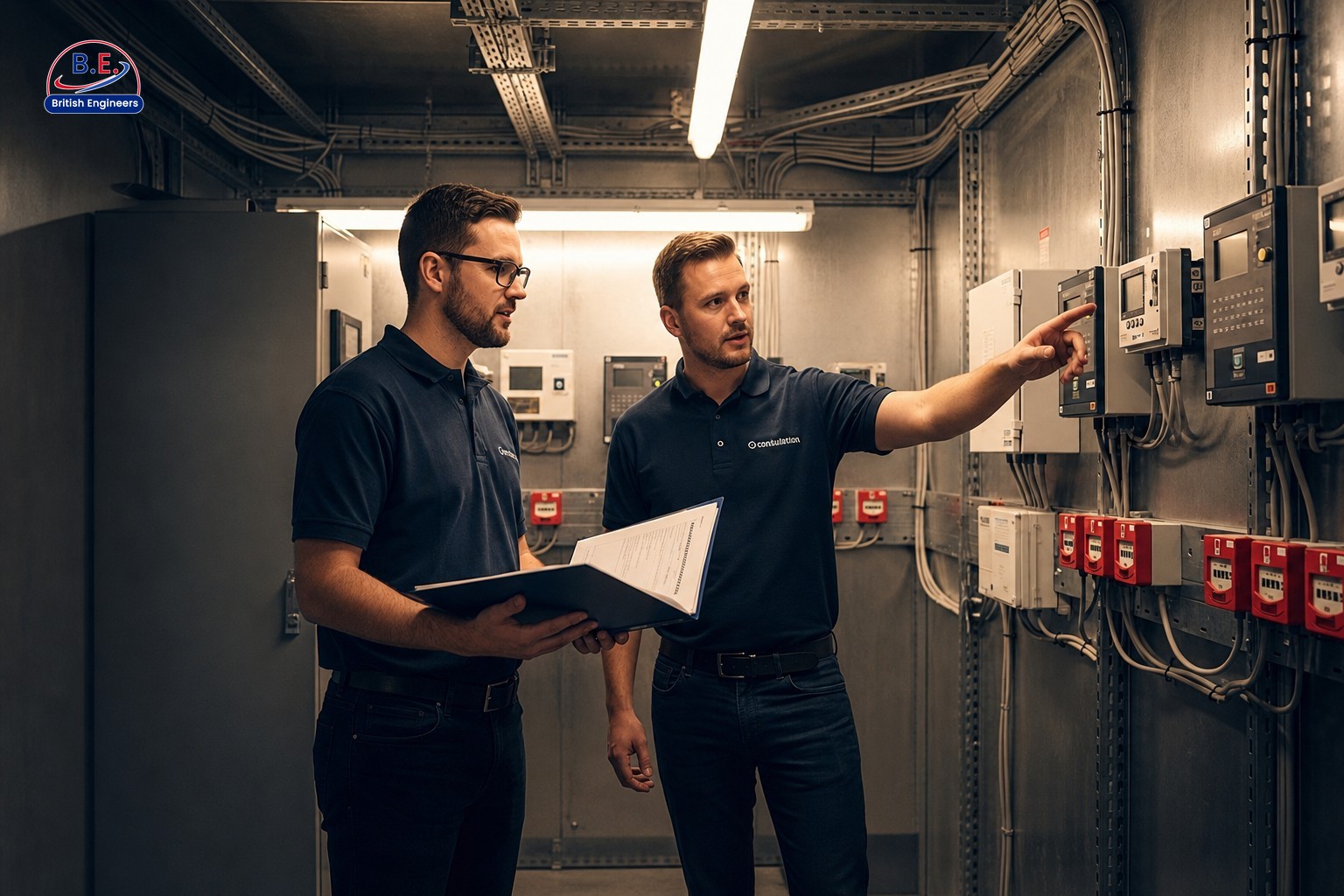 Fire alarm installer and property manager reviewing certifications beside control panel equipment during pre-installation assessment