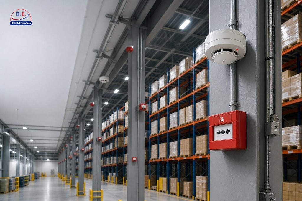 Commercial warehouse interior with smoke detectors and red fire alarm call points mounted on ceiling and structural beams