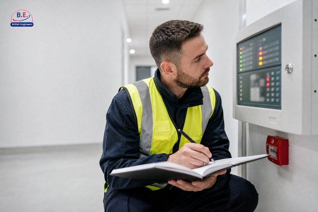Fire alarm engineer logging a service inspection entry in a compliance logbook beside a commercial fire alarm control panel