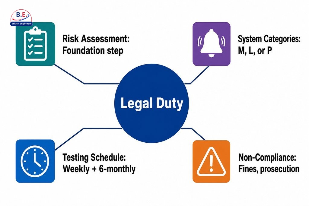 Key fire alarm compliance requirements for UK businesses: legal duty, risk assessment, system categories, testing, and non-co