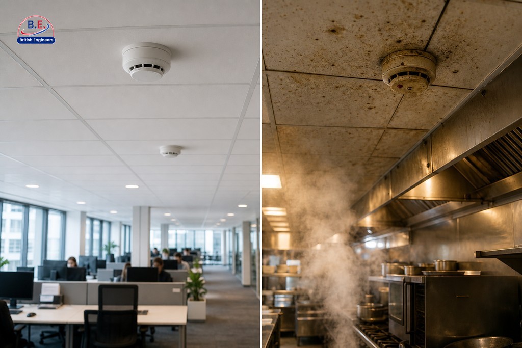 Fire alarm detectors in contrasting environments: clean office ceiling versus steamy commercial kitchen in Manchester