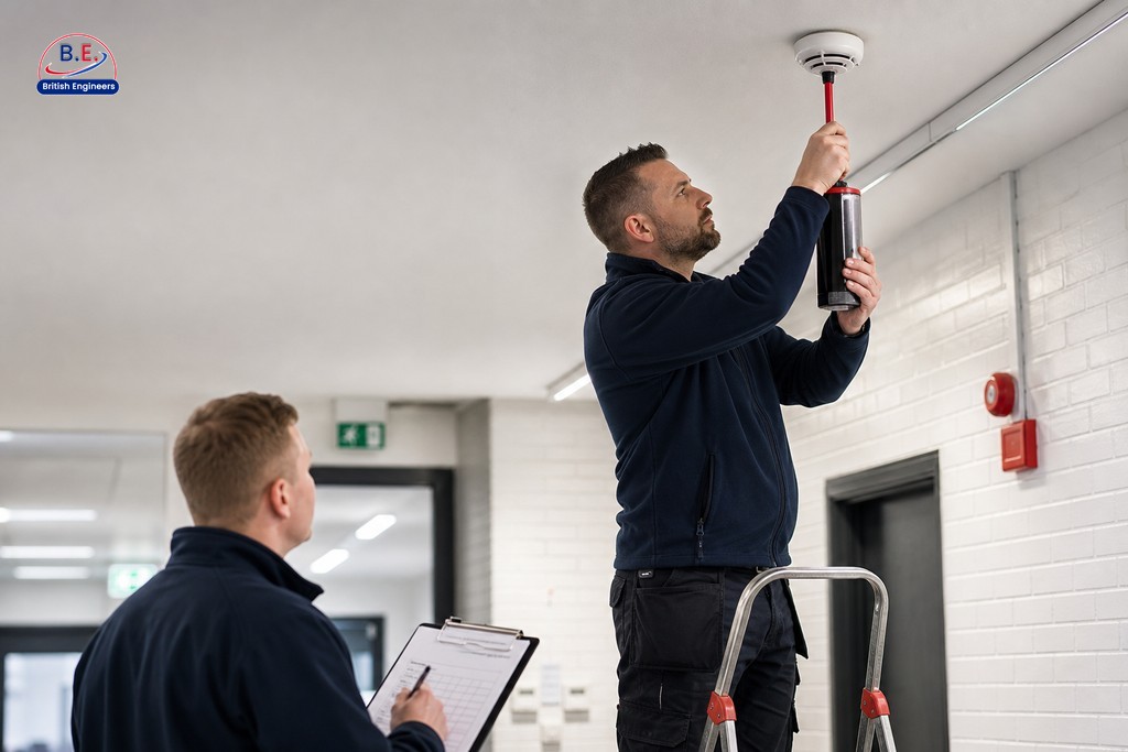 Fire alarm engineer testing a ceiling smoke detector with aerosol tool during routine commercial servicing inspection