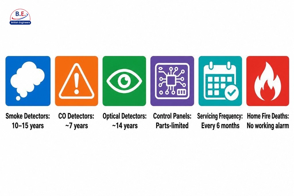 Key lifespans for fire alarm components: smoke detectors 10–15 years, CO detectors 7 years, optical detectors 14 years, panel