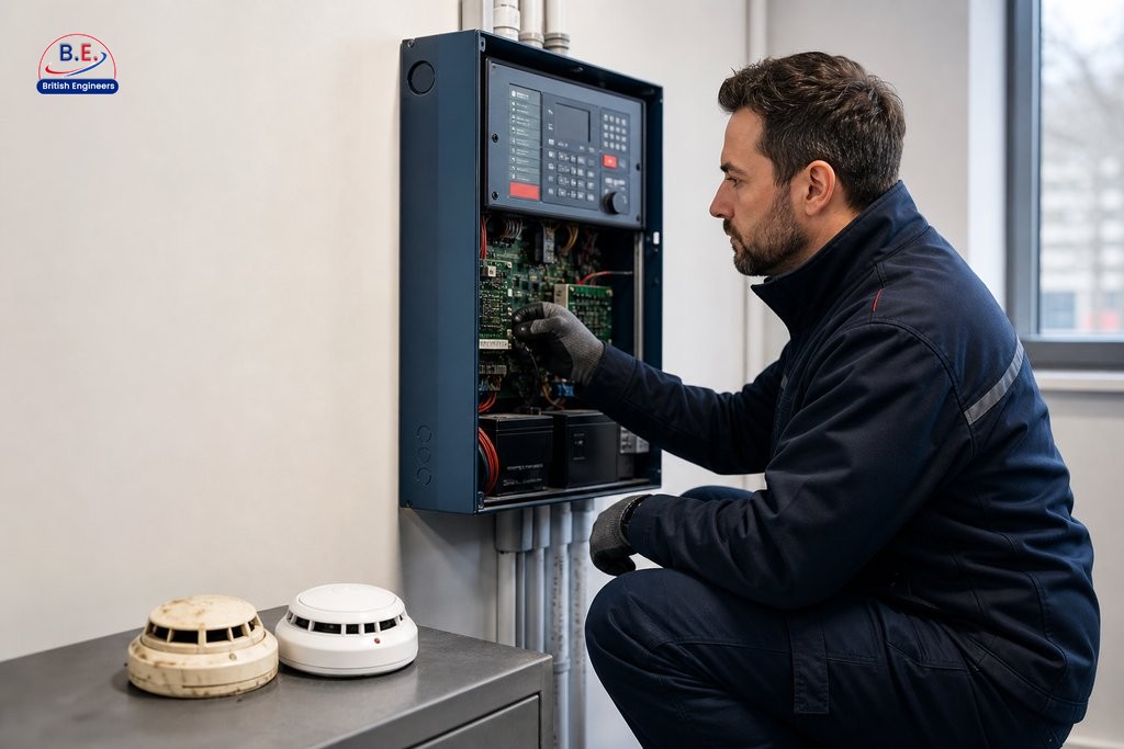 Fire alarm engineer comparing old and new detector components beside an open control panel in a UK commercial property.