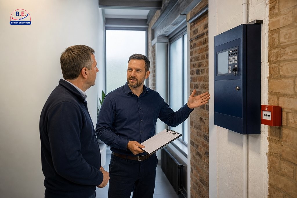 Fire safety engineer conducting a BS 5839 compliance walkthrough with a property manager in a Manchester commercial building.