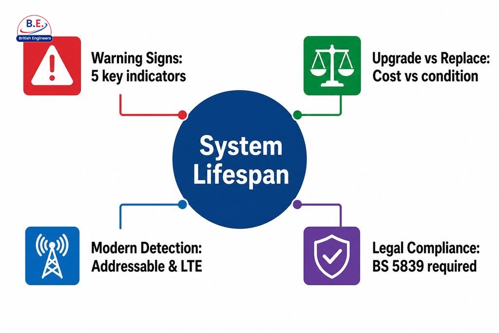 Key factors in fire alarm upgrades: system lifespan, warning signs, upgrade vs replacement, modern features, and compliance.
