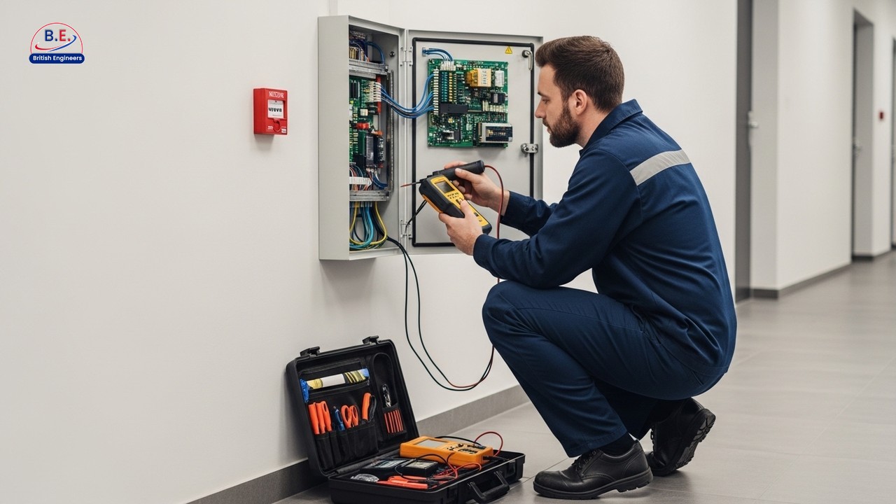 Fire alarm engineer inspecting open control panel during a professional fire alarm service visit in a commercial building