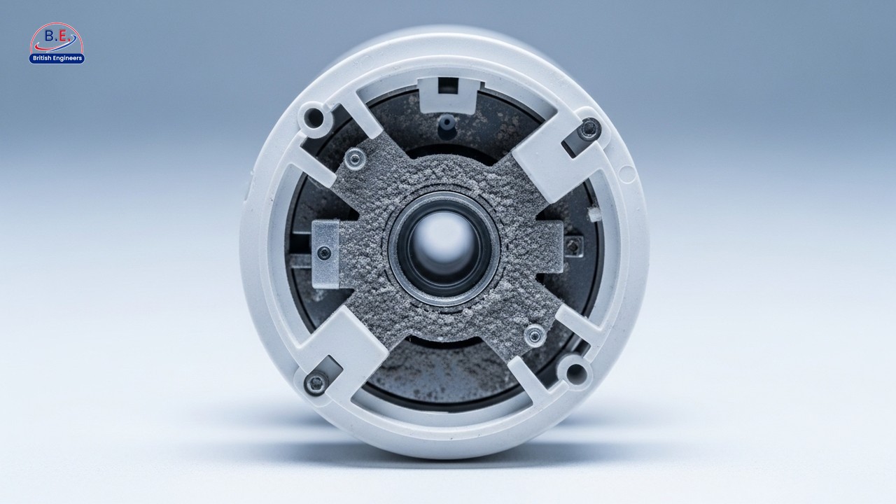 Close-up of dusty smoke detector sensing chamber showing internal contamination between fire alarm services