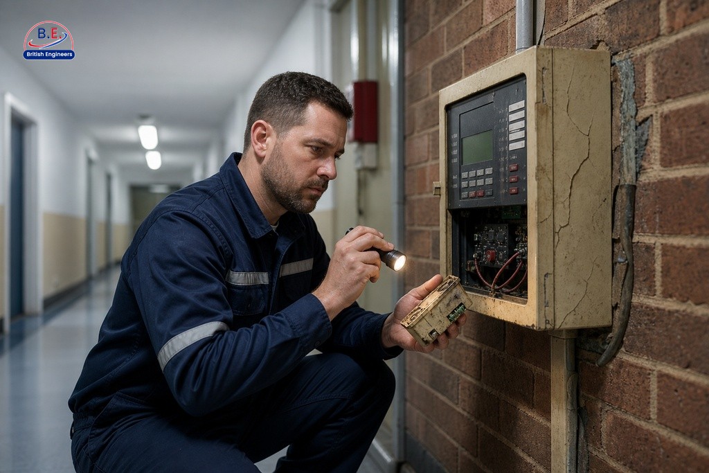 Fire alarm engineer inspecting aged, worn control panel in commercial building corridor, assessing repair vs replacement