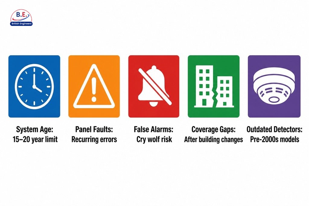 Five warning signs a fire alarm system needs upgrading: age, panel faults, false alarms, coverage gaps, and outdated detector
