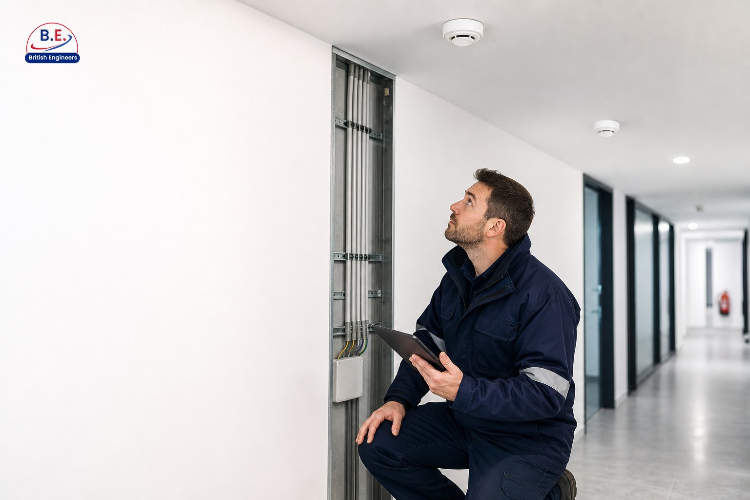 Fire safety engineer inspecting smoke detector placement in commercial building corridor for fire alarm system coverage