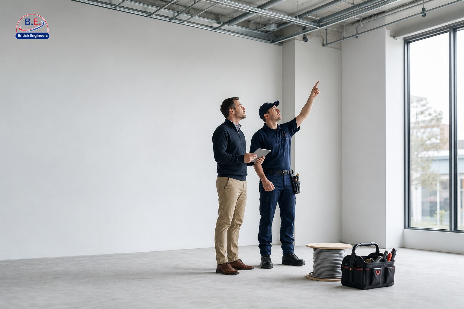 Property manager and fire alarm contractor assessing ceiling layout during pre-installation inspection in empty commercial room