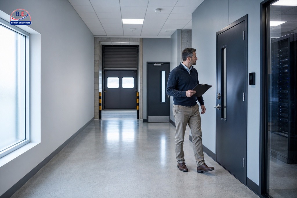 Business owner conducting a building entry risk assessment in a commercial office corridor with multiple access points