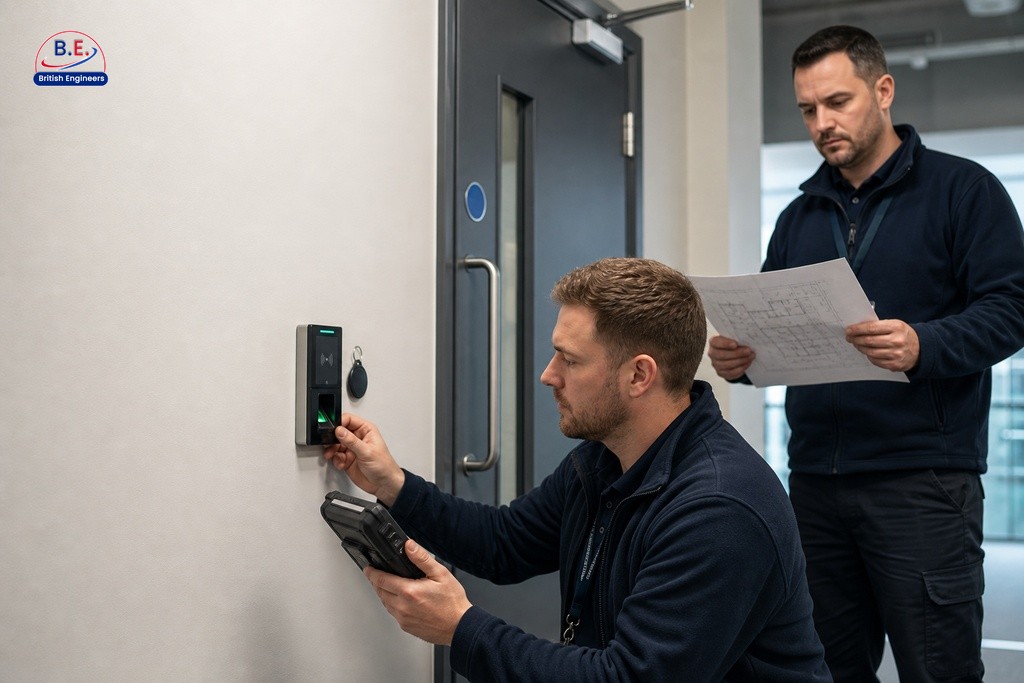 Security engineer configuring wall-mounted access control reader with fob and biometric panel visible during installation
