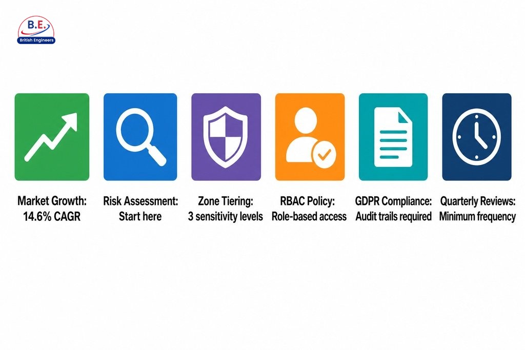 Key steps in access control compliance planning: risk assessment, zone tiering, policy, technology choice, and ongoing review