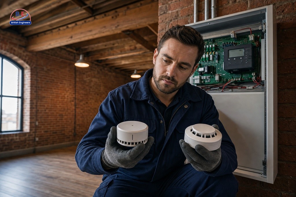 Fire alarm engineer comparing wireless and wired smoke detector types inside a Manchester heritage building