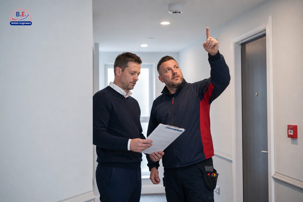 Property manager and certified engineer reviewing fire alarm installation checklist in Manchester apartment corridor