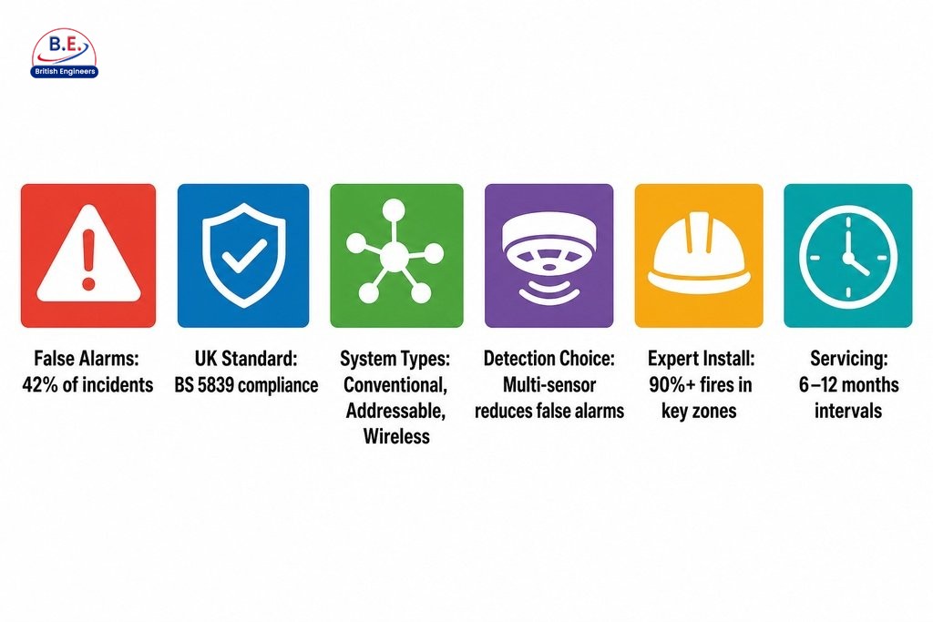 Key factors for choosing a fire alarm system: false alarm rates, UK standards, system types, detection, installation, and ser