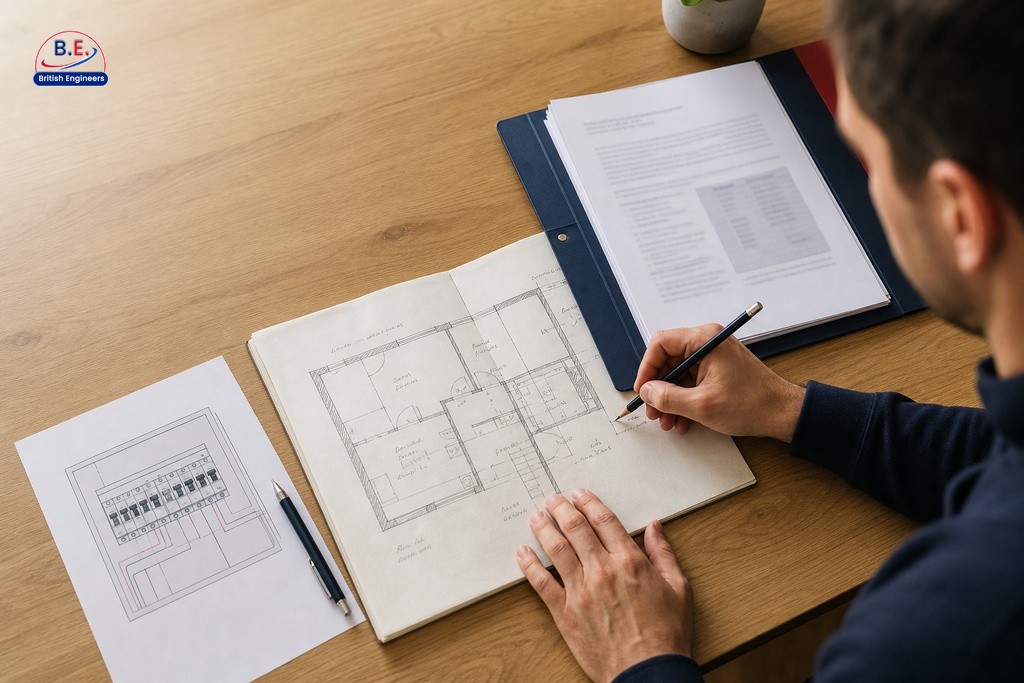 Property manager reviewing fire alarm project checklist with annotated floor plan and building documents on desk