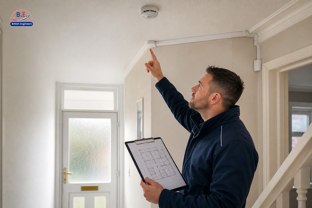 Fire alarm engineer conducting site survey in Manchester property, assessing ceiling detector placement and cable routing