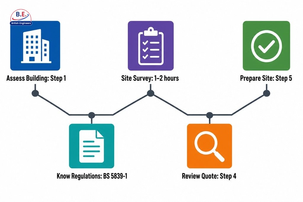 Five steps to plan a fire alarm installation: assess building, understand regulations, consult engineer, review quote, prepar